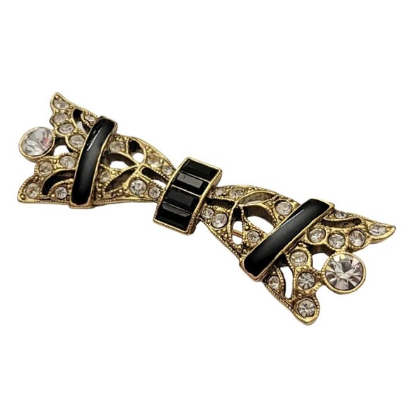 1928 Brand Black Baguette Enamel Clear Rhinestone Bar Brooch Pin K324 - Picture 2 of 8